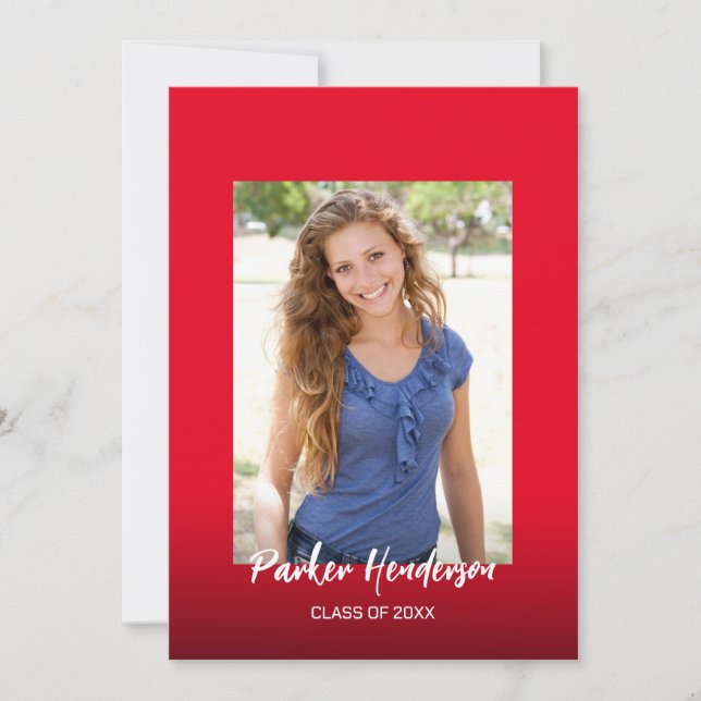 Modern röd-vit 2-foto examensannonsering inbjudningar (Framsida)