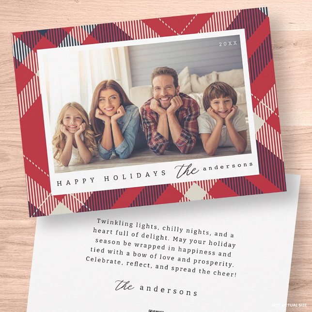 Modern röd vit blå rutig jul familjefoto julkort (Skapare uppladdad)