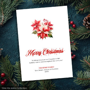 Modern röd vit julstjärna Bouquet Högtidskort Julkort