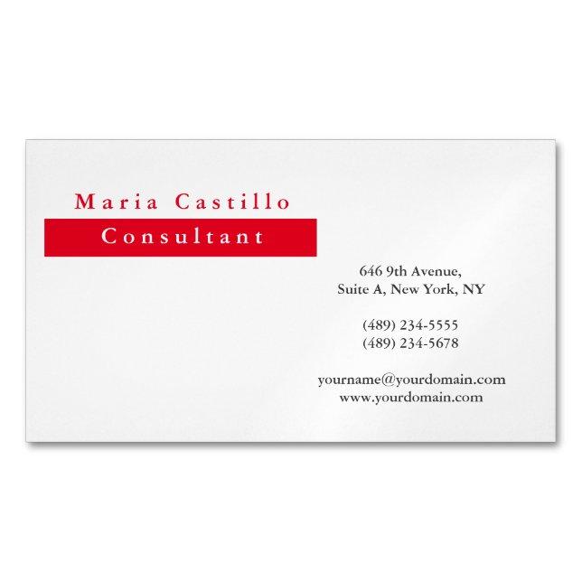 Modern röd vit-minimalistisk Elegant Magnetiska Visitkort (Framsida)