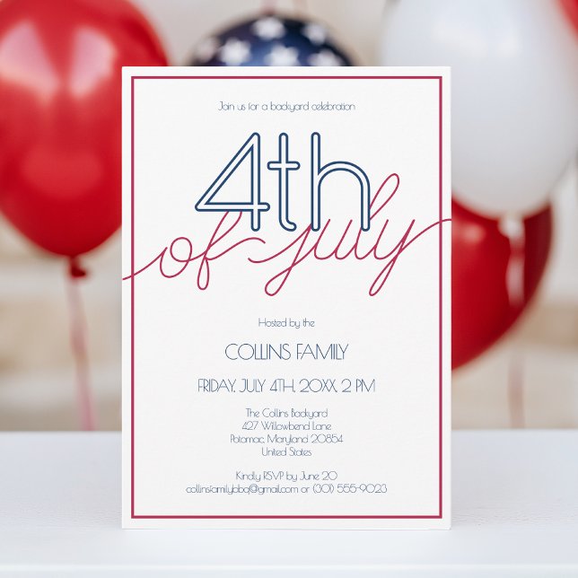 Modern röd vit och blå 4:e juli sommarfest inbjudningar (Modern Red White and Blue 4th of July Summer Party Invitation)