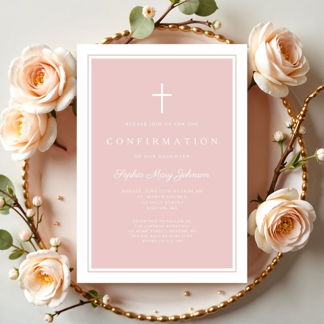 Modern Röda Kors Bekräftelse För Tjej Inbjudningar (Modern Blush Pink Cross Boy Confirmation Invitation
)