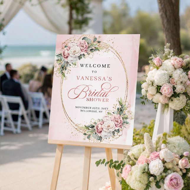 Modern Röda Rosa Blommor Bröllopsfest Välkomstskyl Poster (Modern Blush Pink Flowers Bridal Shower Welcome)