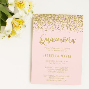 Modern Röda Rosa Falskt Guld Glitter Quinceanera Inbjudningar