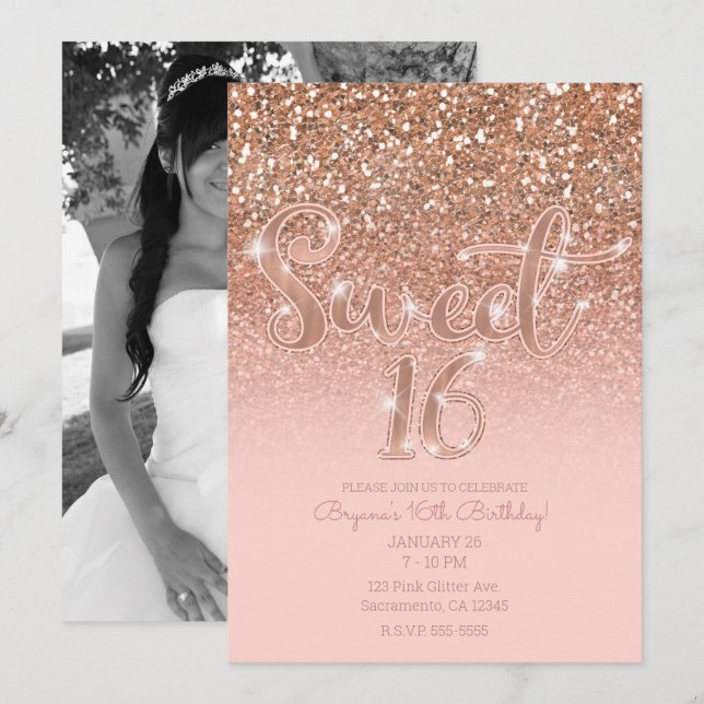 Modern Röda Rosa Glam Glitter Sweet 16 Foto Inbjudningar (Fram/baksida)
