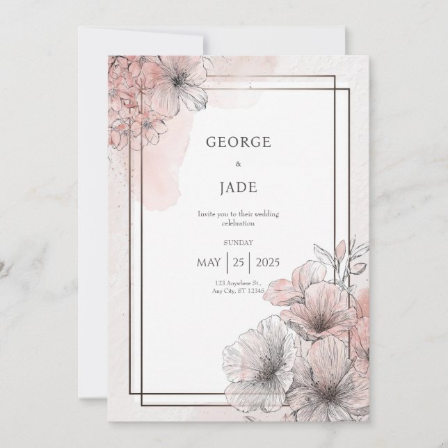 Modern Röda Rosa Linje Konst Blommig Bröllop Inbjudningar (Framsida)