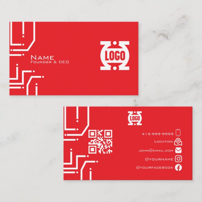 Modern RödaTech Kretskort QR-kod Namn Kort (Fram/baksida)