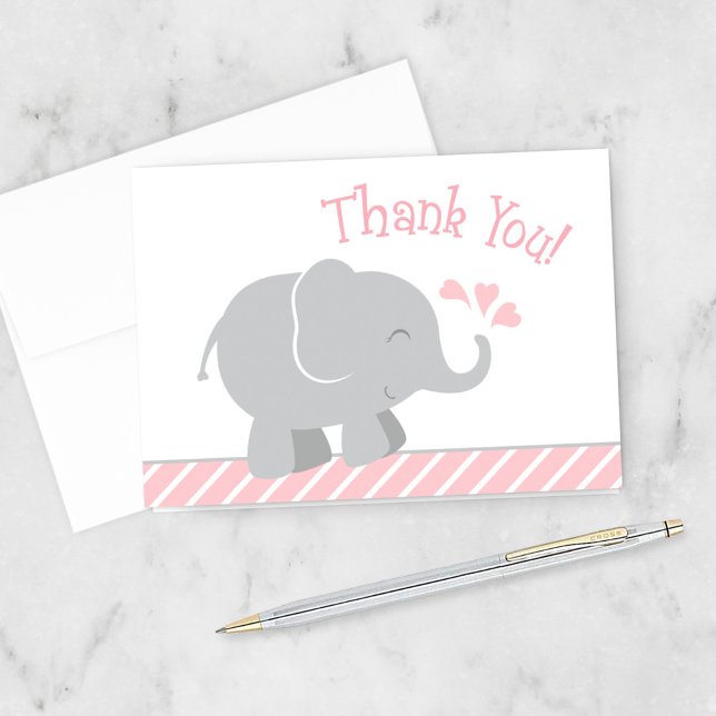 Modern Rödfärgad Grå Elefant Babyflicka Baby Showe Tack Kort (Skapare uppladdad)