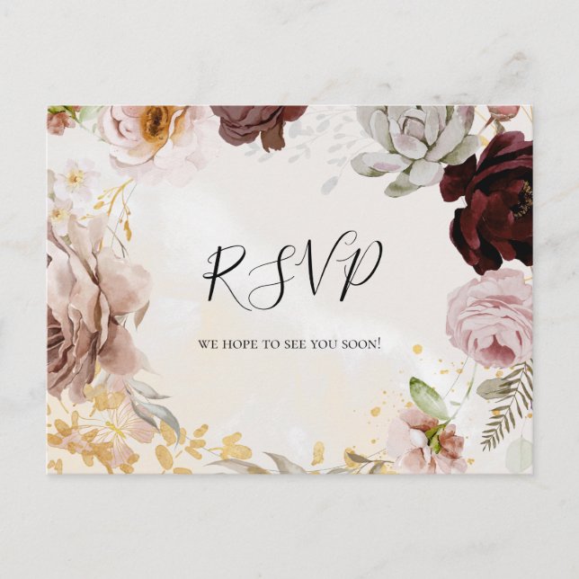 Modern Rodnad Blommig | Marmorsång Begäran RSVP Vykort (Framsida)