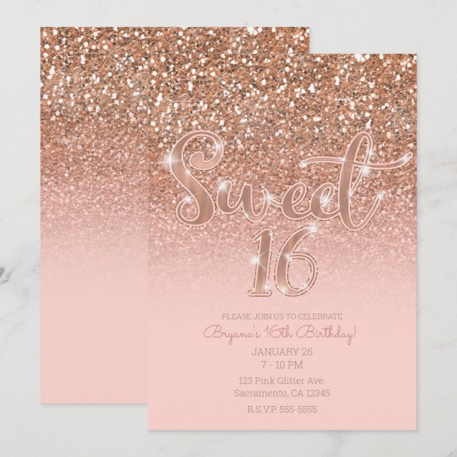 Modern Rodnad Rosa Glam Glitter Söt 16 Inbjudningar (Fram/baksida)