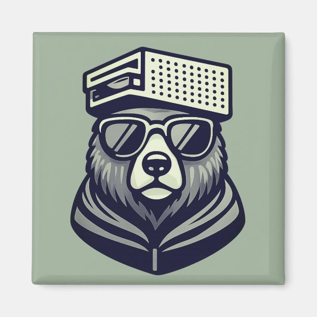 Modern Rolig Björn Med Osthyvel Hatt Grön Magnet (Framsidan)