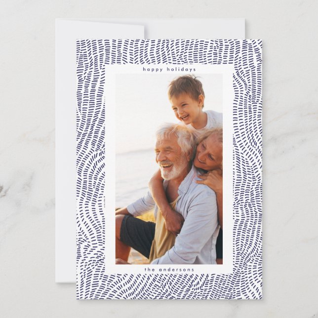 Modern Rolig Blå Vit Glad Jul Ram Foto Julkort (Framsida)