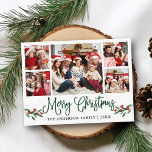 Modern Rolig Kalligrafi Jul Julros 5 Foto Vykort<br><div class="desc">Modern Rolig Kalligrafi Skrift 5 Foto Familjefoto Kollage God Jul Postkort inkluderar Akvarell Julros Bär - Grön Skrift</div>