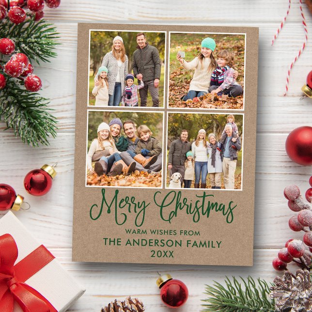 Modern Rolig Kalligrafi Jul Kraft 4 Foto Vykort (Customize to change your personalized text size or text style.)