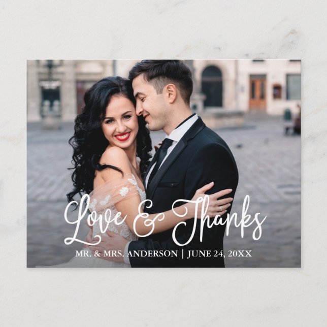 Modern rolig kalligrafi Kärlek och tack Bröllop  Vykort (Framsida)