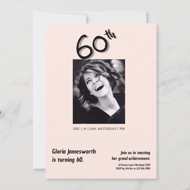 Modern Rolig Ljusrosa Foto 60-årsdag  Inbjudningar (Framsida)
