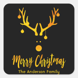 Modern rolig Santa rener faux guld på svart Fyrkantigt Klistermärke