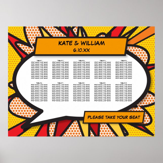 Modern Rolig Serietidning Bröllops Seating Chart Poster (Framsidan)