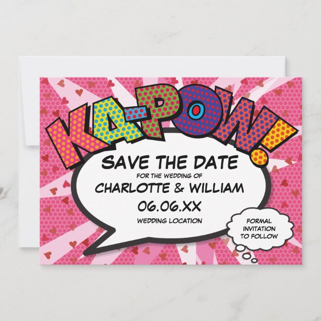 Modern rolig serietidning KAPOW Rosa kärlekshjärta Spara Datumet (Framsida)