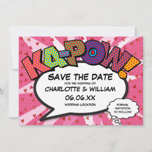 Modern rolig serietidning KAPOW Rosa kärlekshjärta Spara Datumet