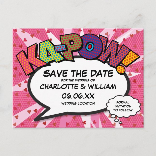 Modern rolig serietidning KAPOW Rosa Save the Date Vykort (Framsida)