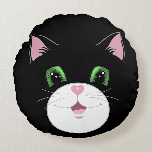 Modern rolig söt smoking katt ansikte tecknad seri rund kudde (Framsidan)