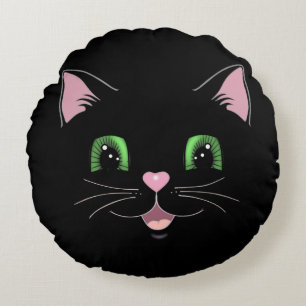 Modern rolig söt svart katt ansikte tecknad serie rund kudde
