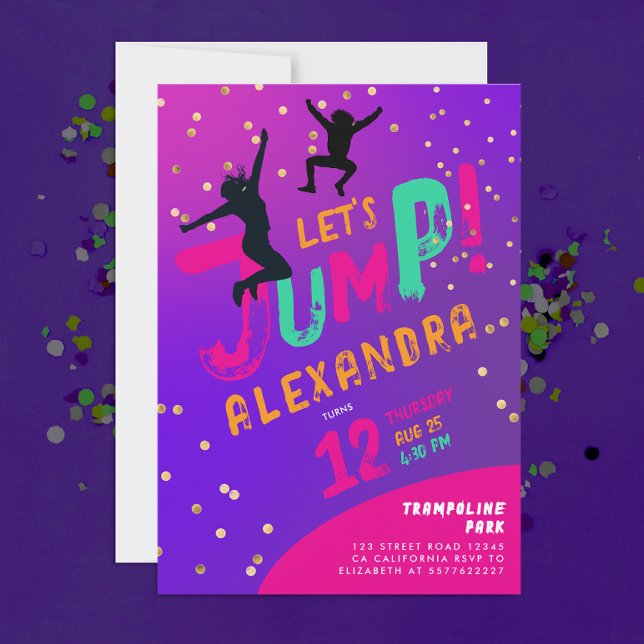 Modern Rolig Tjej Lila Rosa Trampolin Hopp Studs Inbjudningar (Skapare uppladdad)