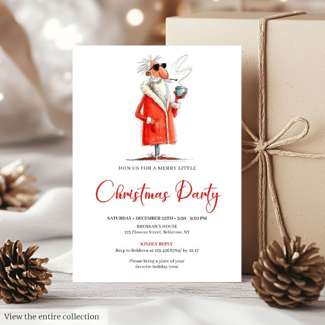 Modern Rolig Tomte Julfest Dinnerfest Inbjudan (Modern Funny Santa Holiday Dinner Party Invite)