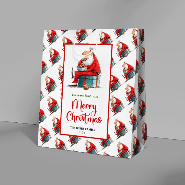 Modern rolig tomtepresentpåse röd grön festlig red (Funny quirky Santa gift bag with modern watercolor style, perfect for festive holiday gifting.)