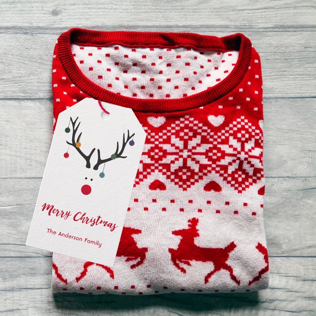 Modern roliga, söta julrenar vita presentetikett (Skapare uppladdad)