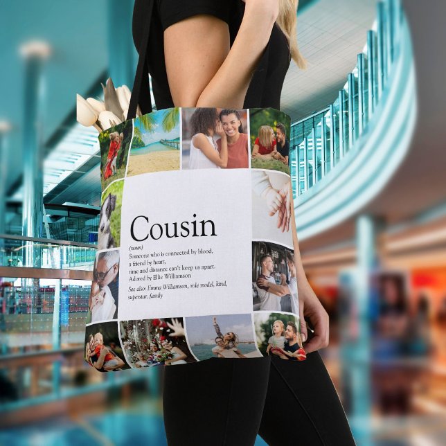 Modern Roligt 12 Photo Collage Cousin Definition Tygkasse (Modern Fun 12 Photo Collage Cousin Definition Tote Bag)