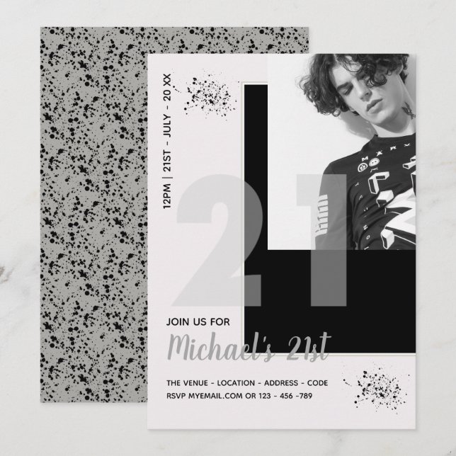 Modern Roligt 21:a | PHOTO Male-inbjudan på födels Inbjudningar (Fram/baksida)