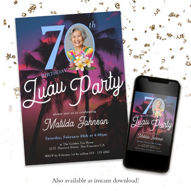 Modern Roligt Anpassningsbar Photo Luau Party 70:e Inbjudningar (70th Birthday Luau Party Modern Fun Custom Photo Invitation)