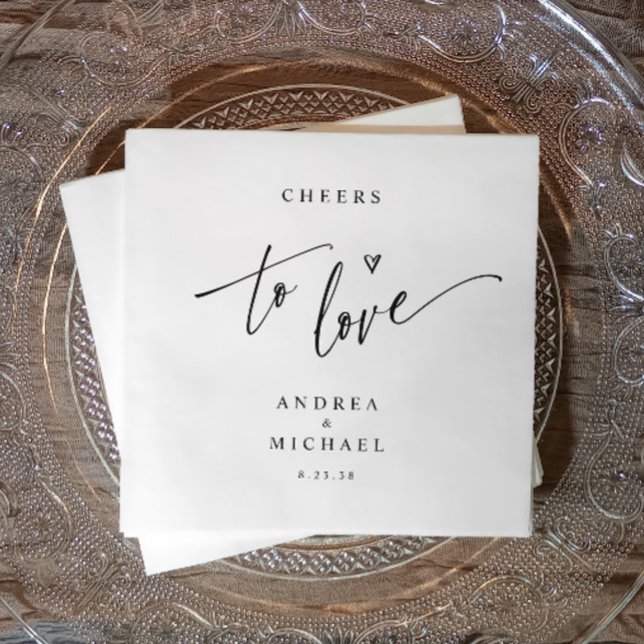 Modern Roligt Avslappnad Cheers to Kärlek Bröllop  Pappersservett (Minimalist “cheers to love” wedding napkin with names and date—perfect for modern receptions.)