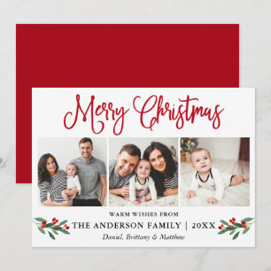 Modern Roligt Calligraphy 3 Photo jul Holly Red Julkort