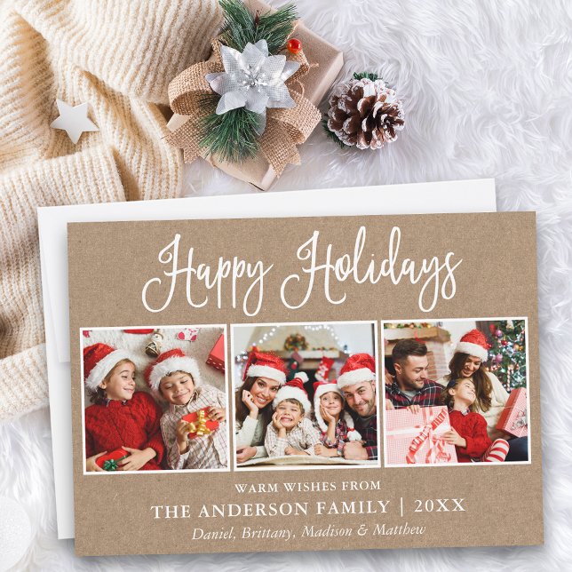 Modern Roligt Calligraphy 3 Photo Kraft Julkort (Customize to add text to back of card.)