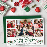 Modern Roligt Calligraphy 5 Photo Jul Grönt Julkort<br><div class="desc">Modern Roligt Calligraphy Script 5 Photo Family Photo Collage God jul Card innehåller Watercolor jul Holly Berries - Grönt Script</div>