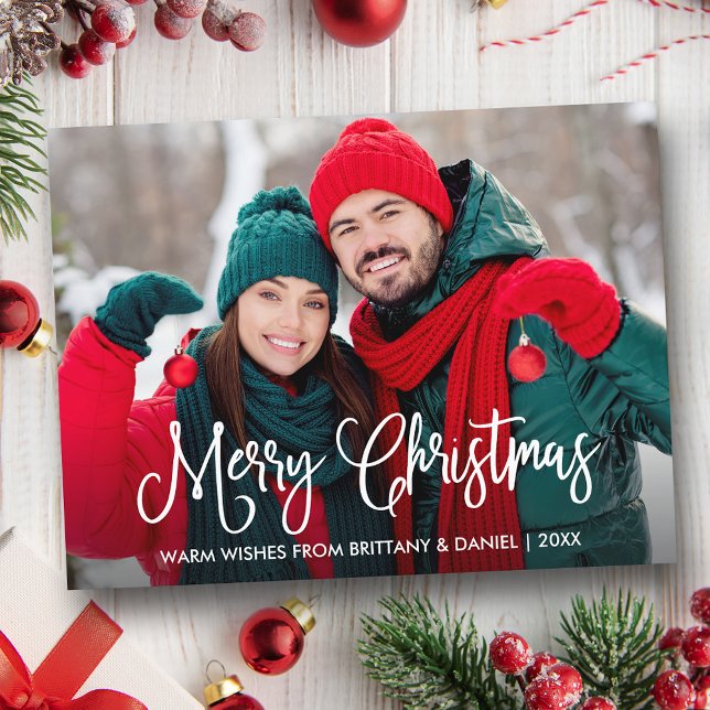 Modern Roligt Calligraphy Couple Photo Jul Vykort (Customize to change your personalized text size or text style.)