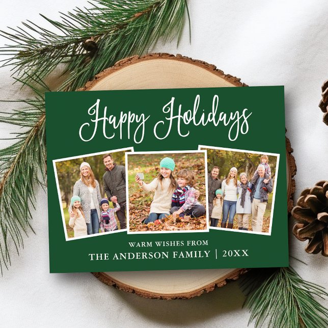 Modern Roligt Calligraphy Grönt 3 Photo Helgdag Vykort (Customize to change your personalized text size or text style.)