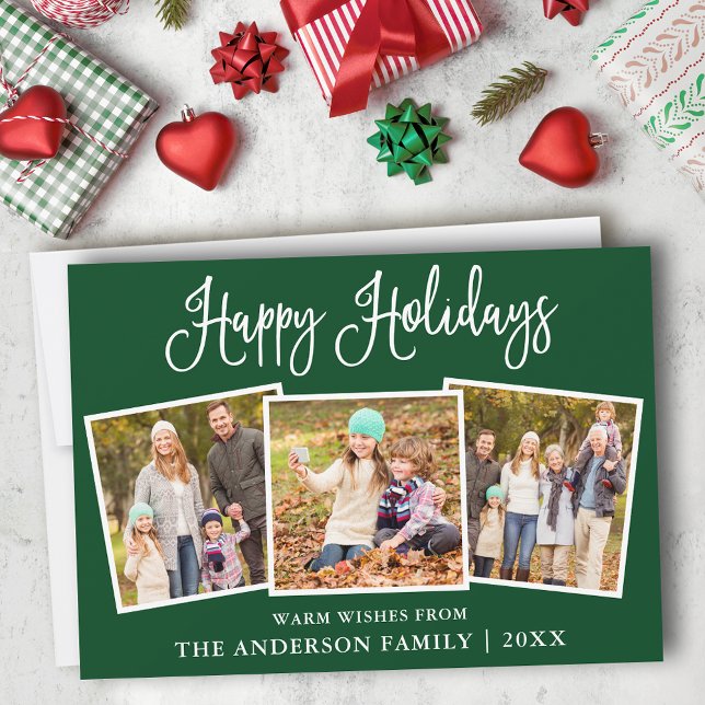 Modern Roligt Calligraphy Grönt 3 Photo Julkort (Customize to add text to back of card.)