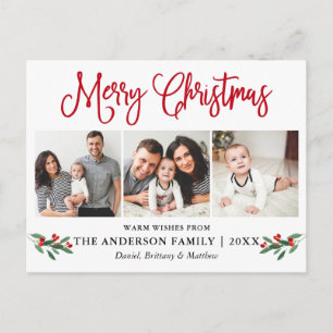 Modern Roligt Calligraphy jul Red Holly 3 Photo Vykort