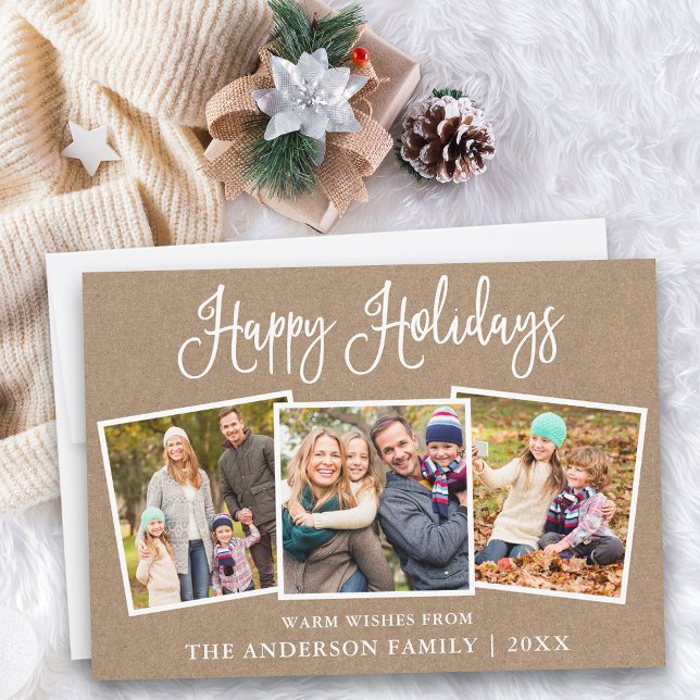 Modern Roligt Calligraphy Kraft 3 Photos Julkort (Customize to add text to back of card.)