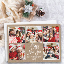 Modern Roligt Calligraphy Kraft 5 Photo New Year Julkort