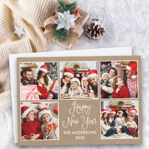 Modern Roligt Calligraphy Kraft 5 Photo New Year Julkort