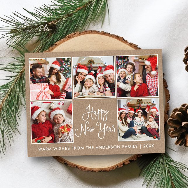 Modern Roligt Calligraphy Kraft 5 Photo New Year Vykort (Customize to change your personalized text size or text style.)