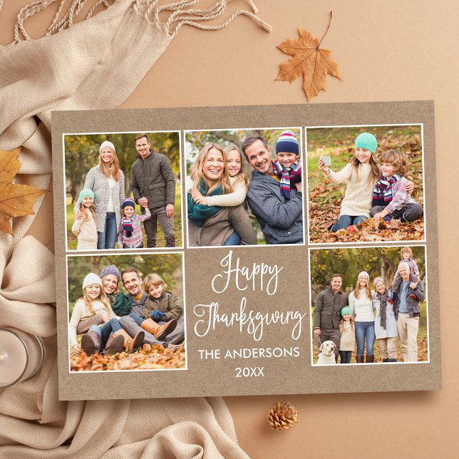Modern Roligt Calligraphy Kraft 5 Photo Thanksgivi Vykort (Customize to change your personalized text size or text style.)