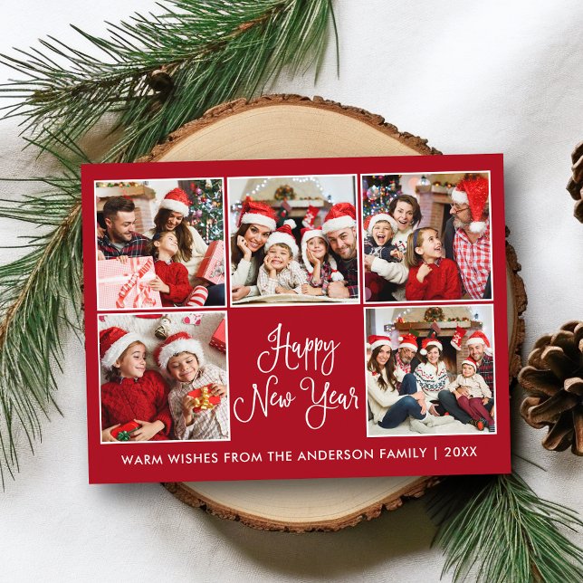 Modern Roligt Calligraphy Red 5 Photo New Year Vykort (Customize to change your personalized text size or text style.)