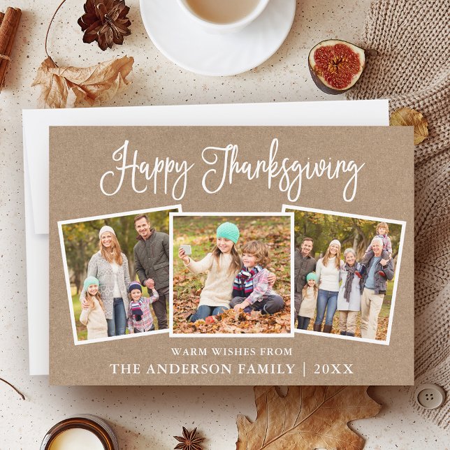 Modern Roligt Calligraphy Thanksgiving Kraft 3 Pho Julkort (Customize to add more text or photos to back of card.)