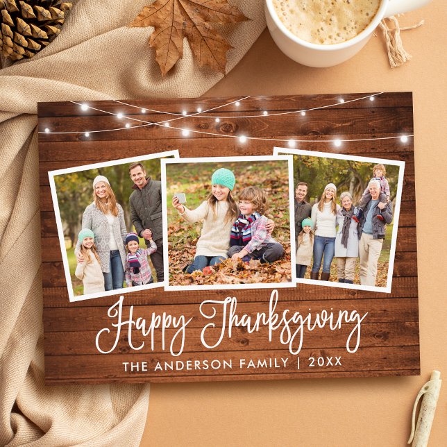 Modern Roligt Calligraphy Wood 3 Photo Thanksgivin Vykort (Customize to change your personalized text size or text style.)